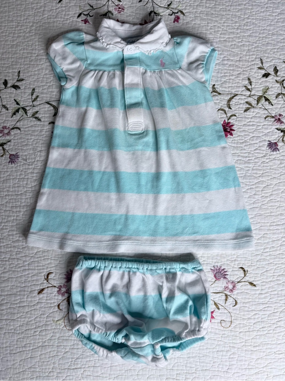 Ralph Lauren Blue and White Striped Baby Dress Set 9 Months